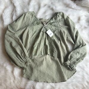 Free People Sivan Embroidered Blouse in Moss Green Size Small